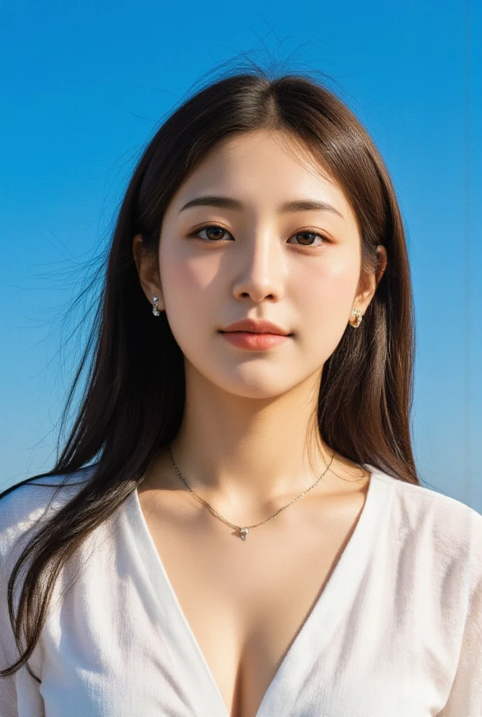 Front view of a woman looking at us and smiling against a blue sky, dressed in a cutter shirt that emphasizes her breasts and is open to the second button, diamond earrings, simple necklace