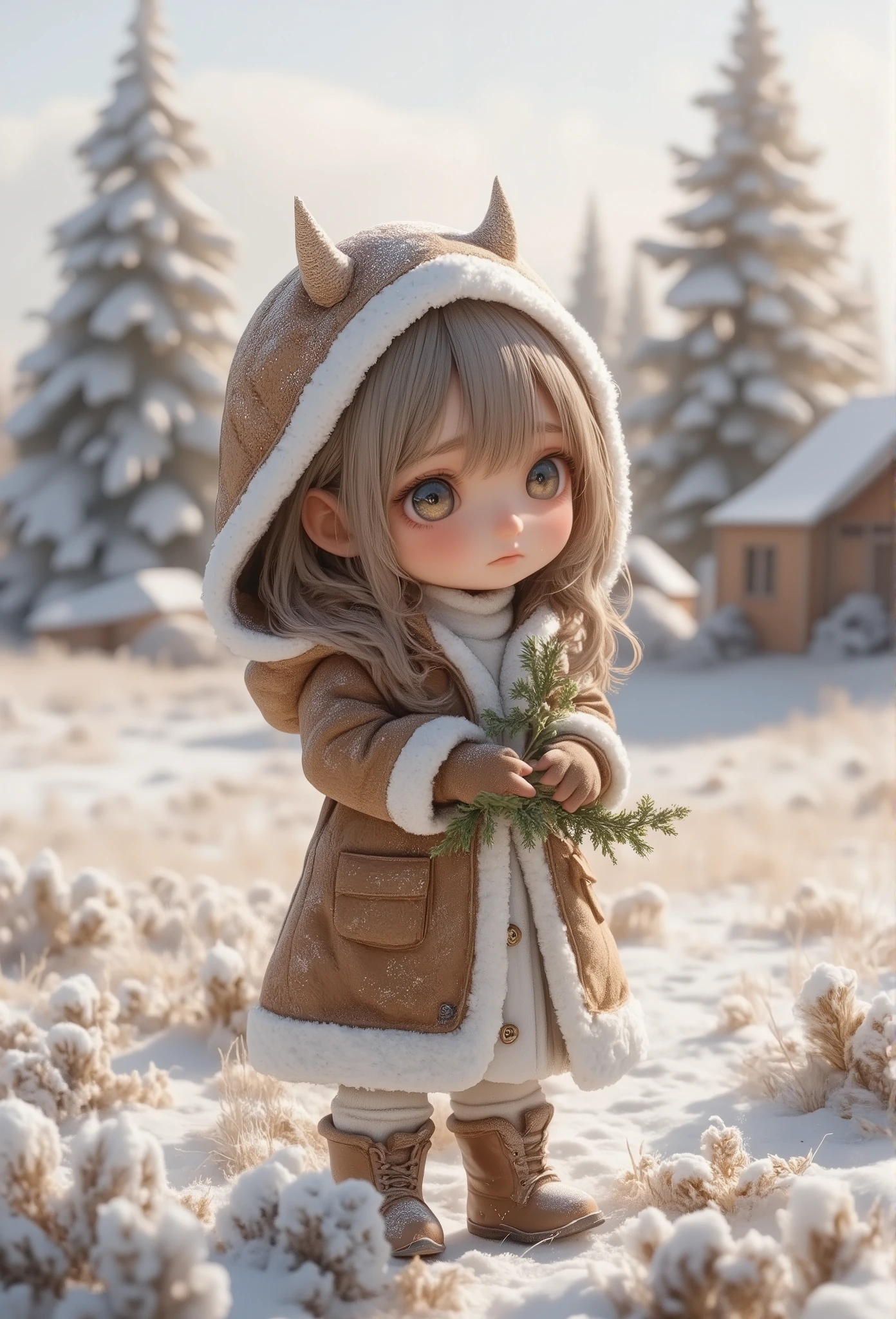 masterpiece, best quality, 8k, highres, ultra-detailed,BREAK, chibi,winter outfit, hood with horns, 1girl, trk,brown dress, white trim, pom poms, standing in field, winter boots, worried expression, holding pine branch, cold weather, frosty morning, soft focus background, rural landscape, holiday theme,