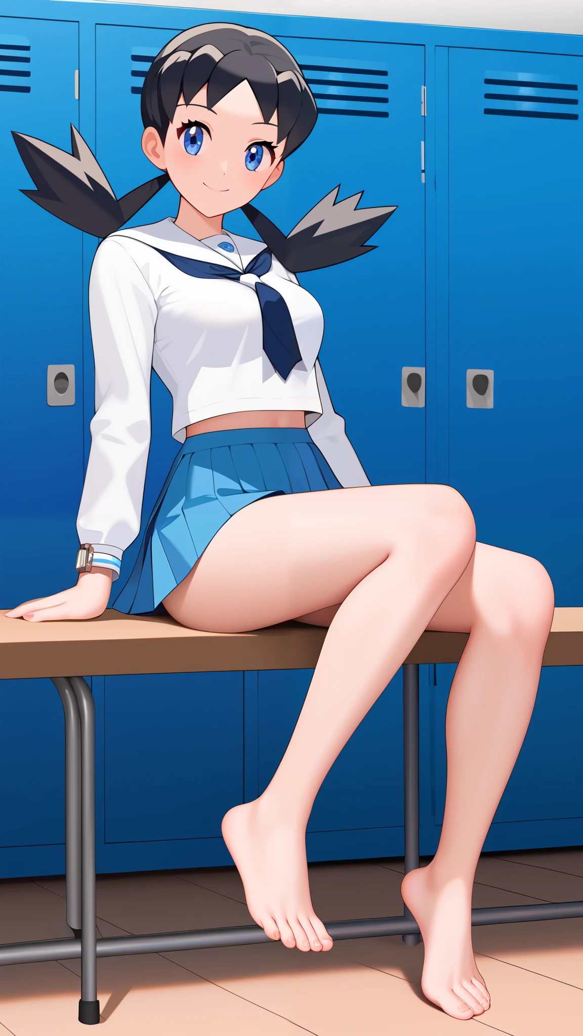 ( top quality )), ((masterpiece)), ( Details), 1girl, blue-black hair color,  twin tails,  blue eyes, Ample breasts,  Tall,  Watch viewers, 1 Female, Age 18,  slim figure,  ANIME COLORING BOOK,  white sailor suit,  white long sleeve shirt ,  blue mini skirt,  high school girl, uniform, , barefoot,  beautiful feet, Thighs,  sexy smile,  seductive smile,  sexy poses , Women&#39;s locker room, indoor,  beautiful feet, Thighs,  score_9,  score_8_Excellent,  score_7_Excellent,  score_6_Excellent,  source_Anime,  cell shading ,  Flat Color , vector,  (\ Pokémon\), Two legs, two arms,