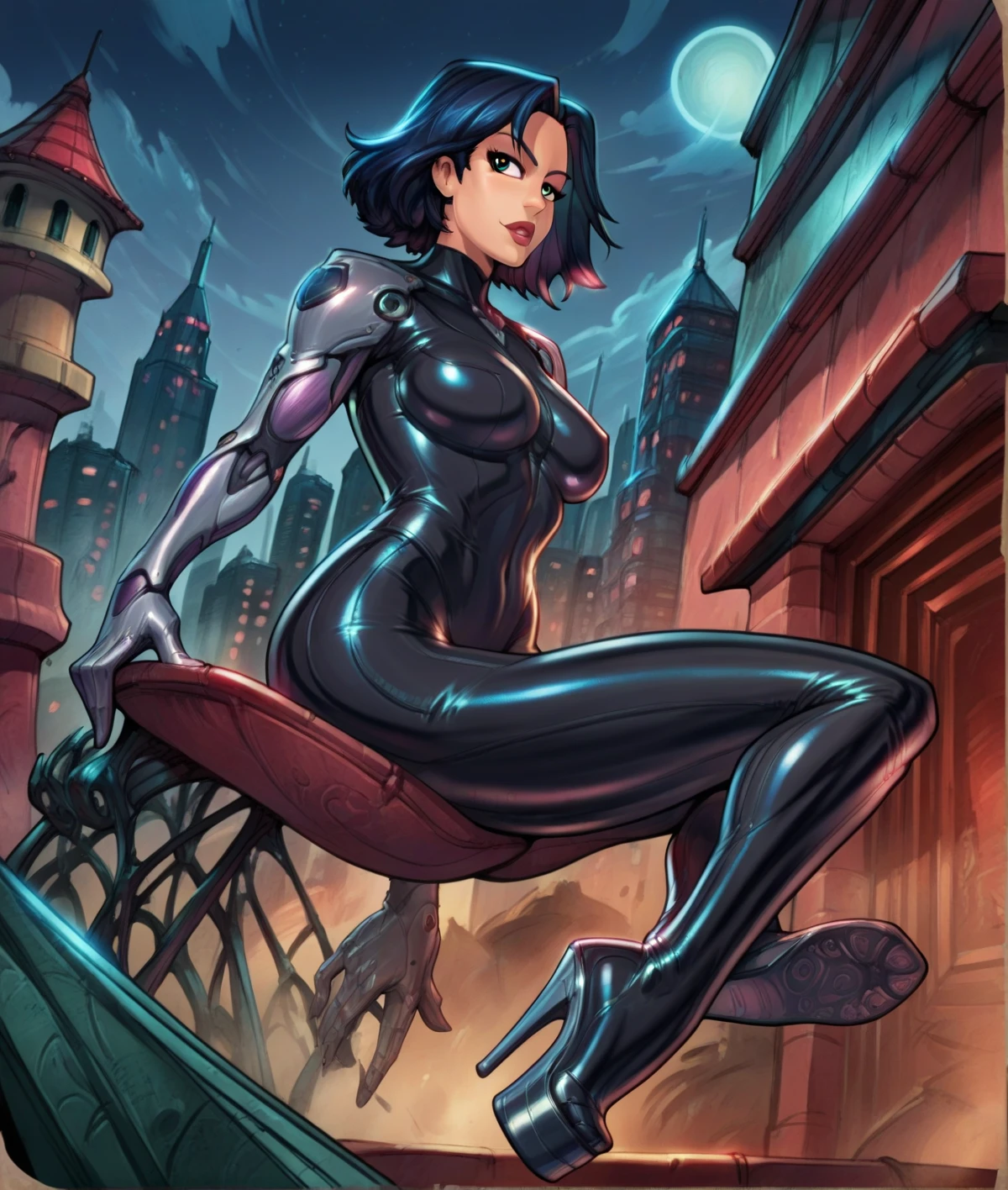 alita, cyborg, berserker body, 1girl, solo, black bodysuit, at night, city background
sharp focus, score_9, score_8_up, score_7_up, score_6_up, score_5_up, score_4_up,reiq art style,wearing platform heels,feet,