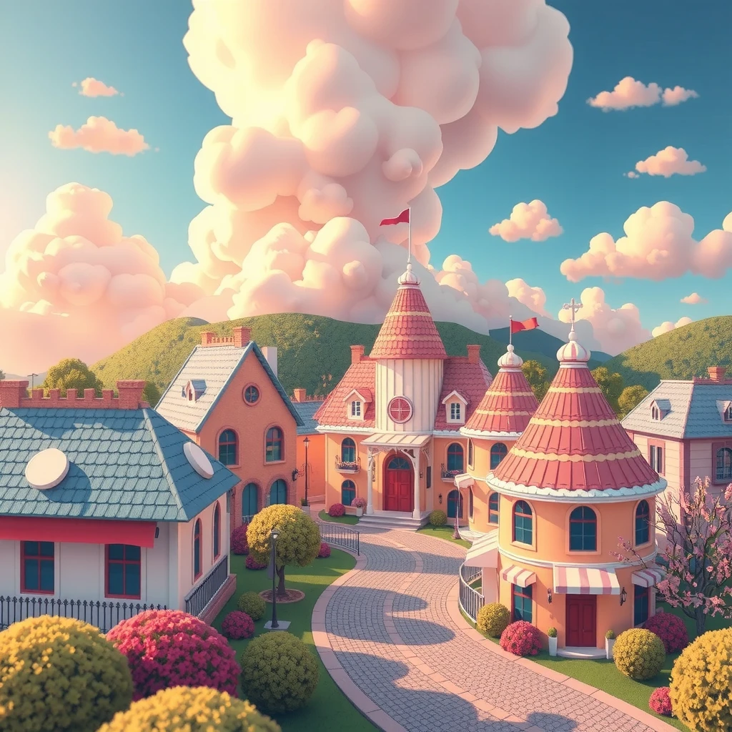 (best Quality), (Music Packaging realistic Style), (No Text), An overall album , Depict a whimsical and dreamy town made of candy-inspired buildings and soft pastel colors. Include elements like a soft, glowing sky, marshmallow clouds, and warm golden sunlight to create a nostalgic and serene Lo-fi atmosphere with a playful touch. (background only), wide panorama