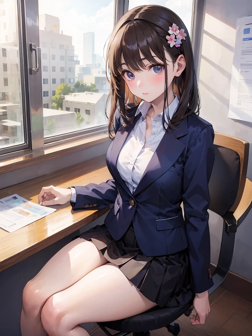 nsfw, 1Woman, cute woman, natural woman, pure woman, masterpiece, realistic, Anime 3D Style,SmoothCG, raw photo, photorealistic, 8k, high res, high quality, slim, sitting legs together, jplingerie, anegasaki nene, aanene, under skirt, business suit, (office lady), ol, detailed panties, Panty seams detail, Panty seams, Sewing panties, sitting_chair, under_skirt, underwear with ultra details, panties_visible, pantyshot, pencil skirt, very delicate black long beautiful Hair, floral white large hair accessory, in the room, looking at viewer, cute face, blush, embarrassed, detailed eyes, clear skin, sitting, Voyeur, 