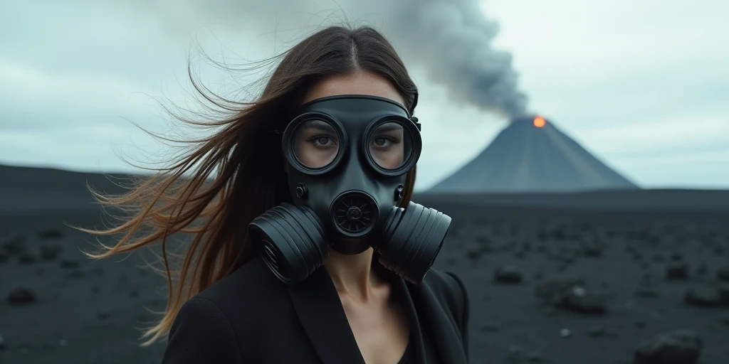 A hyper-realistic image of a woman wearing a black gas mask with large, round filters, standing on a volcanic island. The ground is covered in ash and smoke rises from a distant volcano. Her hair is flowing, and her eyes are visible through the mask, appearing both vulnerable and mysterious. 