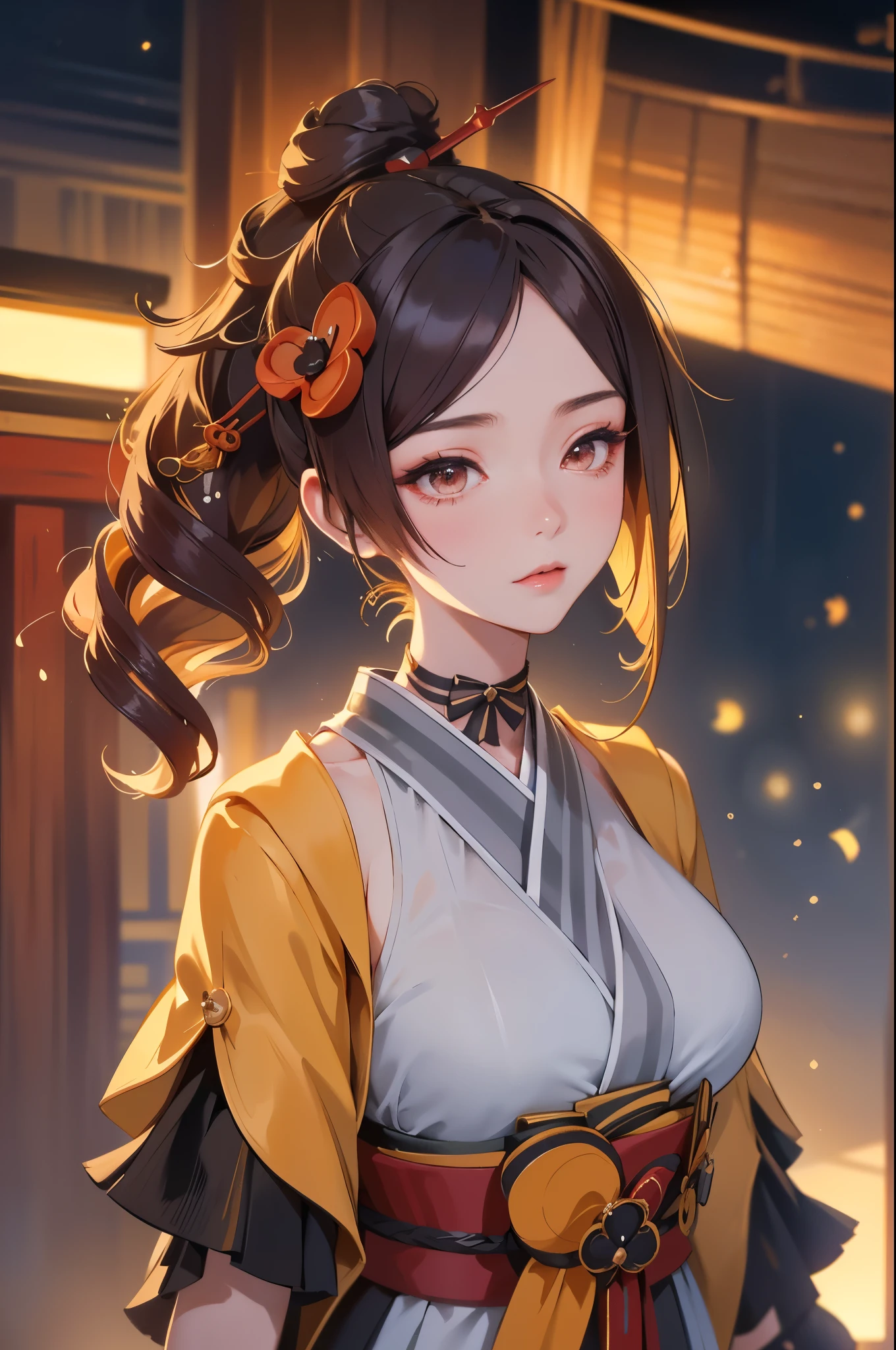 [chiori gi]:1.5,((masterpiece,highest quality,Highly detailed images,Beautiful images))1.4(chiori images、large breasts, japanese old houses、The wind is blowing、Overall dim lighting、Backlight、A fantastic atmosphere、Thick Fog、Dust flutters)1.3,(Close-up image)1.1、
