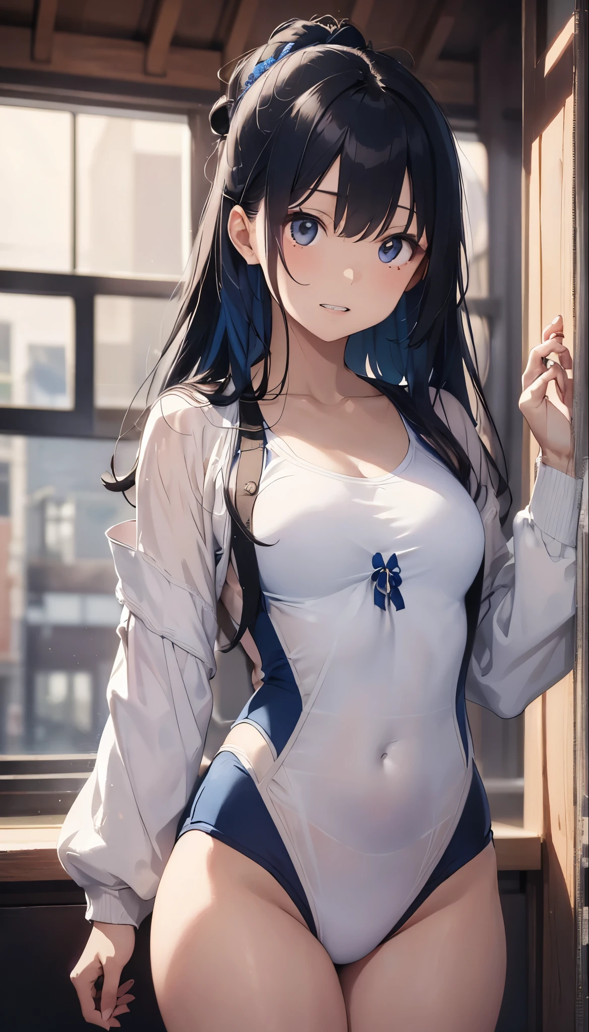 ((masterpiece))、((highest quality))、((Super Resolution))、(Very beautiful and detailed)、Official Art、Virtual YouTuber、8k、Very CGI、Game CG、icon、wallpaper、Sharp focus、It is deeply written、Very simple background、Smooth anime CG art、Azur Lane Style、Girls Frontline Style、Cute Girl Anime Visual、photo shoot:1.55、Less exposure of the body:1.3、Close to the audience:1.3、View your viewers、The straight line distance between her and the viewer is 50cm..)、Light from above at an angle、Soft Light、one person:1.3、one personで:1.3、expensive、young woman、 Ideal body type、Perfect waist、Big Breasts、Bust 87、White skin、Bright makeup、Wolf Ears、High Ponytail、Dark blue hair、Hair that shines in natural light、Messy Hair、Ahoge、Clear bright blue eyes、Shining Eyes、Glowing Eyes、Heart-shaped contact lenses、gray theme、A simple white t-shirt、He is wearing an oversized T-shirt that stretches from his shoulders to his waist..:2.0、No bra、No pants、No underwear、blush、sexual excitement、that'少しShortness of breath、Spoiled 、A little shy、Wet、Shortness of breath、sexy、very cute、have confidence、Taunt、relaxed、Calm、Sitting on a very large soft cushion、Leaning forward、Put your hands out in front of you