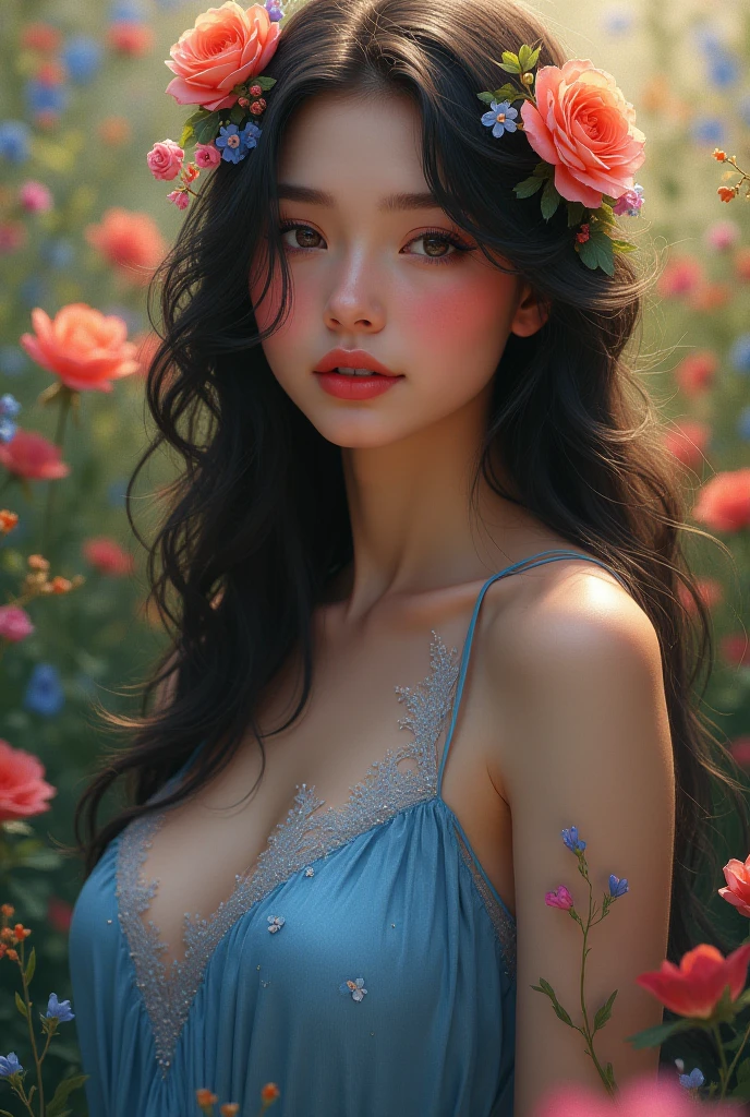 obra maestra, flores de cerezo rodean a Vidia en un hermosos jardin de arboles de cerezo, ponytail, ojos morados, hombros desnudos, se puede apreciar su cuerpo completo senos muy grandes, cabello extremadamente largo, tiene los pies sumergidos en el agua cristalina del rio que pasa atravez de sus pies, mojada, dia caluroso, sonriendo, tight , 1 girl, desde atras, (pechos enormes: 1.2), bike_shorts azul ajustados, ropa muy ajustada, mojada, piel aceitosa ,piel brillante, Tiro de panty, multicolored hair black and purple, (huge ass:1.4), looking back, wet skin, glossy skin
