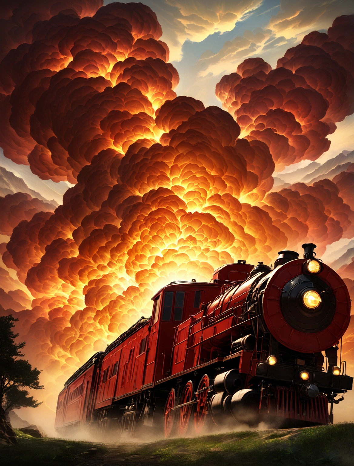 a red steam locomotive, a yellow glowing sun in the background, dramatic lighting, hyperrealistic, cinematic, 8k, highly detailed, intricate mechanical details, gleaming metal surfaces, billowing smoke, sense of motion and power, landscaped countryside, rolling hills, lush greenery, photorealistic, vibrant colors, dramatic shadows and highlights, masterpiece