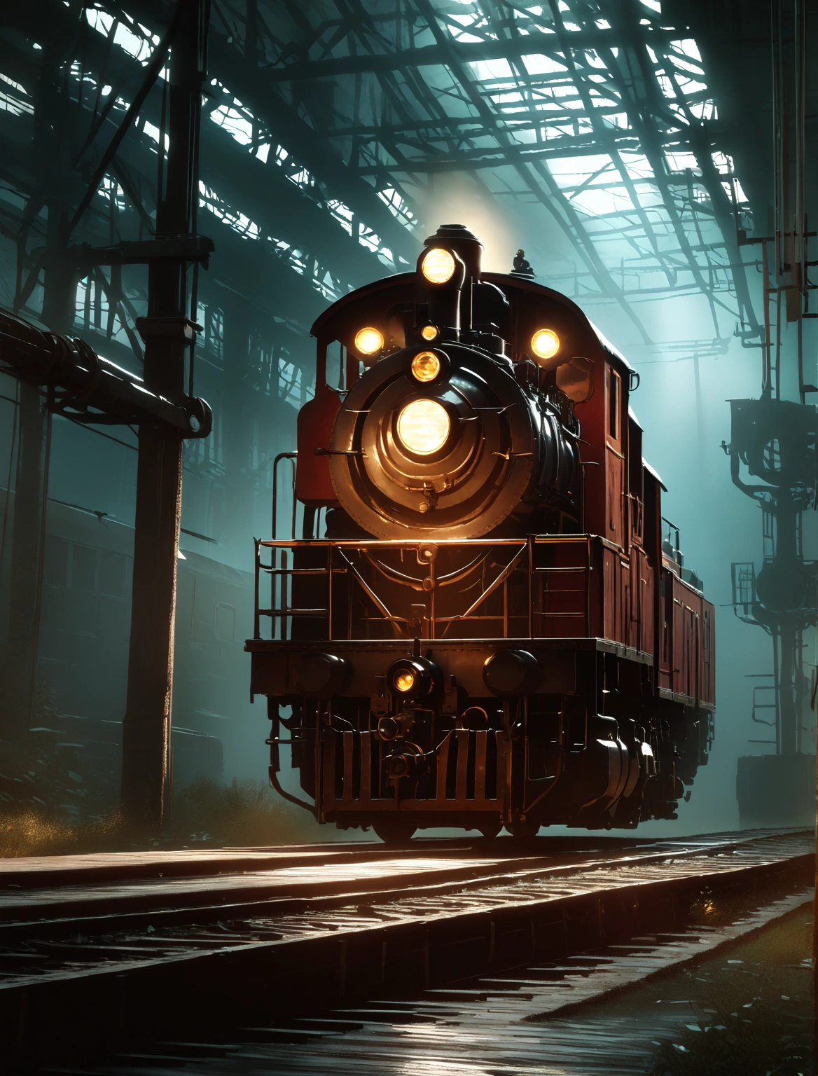 cinematic scene, 1 red steam locomotive, intricate detailed machinery, glowing yellow headlights, dramatic moody lighting, atmospheric fog, cinematic camera angle, highly detailed, photorealistic, 8k, HDR, dramatic lighting, dramatic sky, cinematic composition, volumetric lighting, dynamic motion, hyperrealistic, Unreal Engine, hyper-detailed