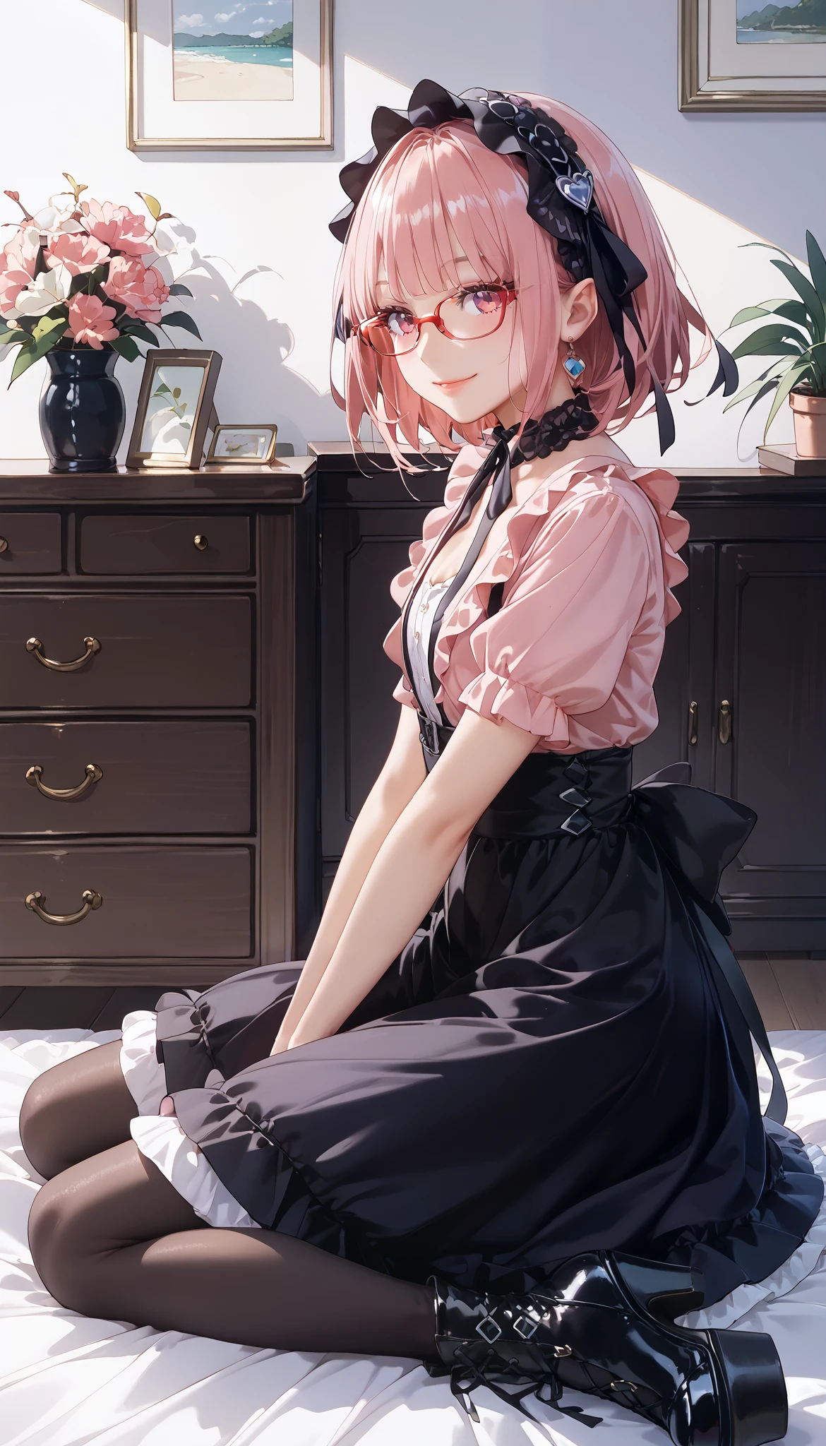 masterpiece、 top quality、 super detailed ((((Junior high school students:1.8、:1.5、 young woman)))) one girl , Beautiful lighting、1 girl、(((Adorable )))、((( pink blouse with black gothic ta fashion、 platform boots、Frills、race、embroidery、 big ribbon、Drawers)、 Gothic Loliress 、long tiered skirt:1.2))、 ((( red glasses)))、A little blush、Young Face、Tiny Wren 、 girl and、cute、( shiny lips:1.1)、( beautiful eyes:1.1)、 close their mouth 、Beautiful Hair 、 short hair、 bob cut、 pink hair、 red glasses、 pink eye、Elf Ears、 、 flat chest、smile、masterpiece、 top quality、 high definition 、 cowboy shot、from side、 is staring at a white audience、curve、
