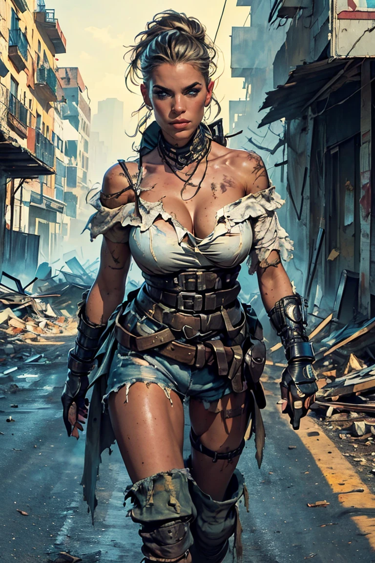 Masterpiece, Best Quality: 1.2) Masterpiece: Smooth textures, Proportional anatomy, Royal body parts, Beautiful details, Sharp details (Masterpiece, Best Quality: 1.2), Beautiful woman (Miss Universe level) (Dynamic pose) Beautiful woman in yellow tactical uniform, torn shirt, dirty and dusty big breasts, walking through the crumbling streets of a crumbling city, After a disaster, Smoke and fog in the air, Gray-yellow sky bursting with toxic clouds, Collapsing buildings, Collapsing streets, Tall body, Detailed face, Detailed eyes, Cold face, Dirty (Post-apocalyptic theme) In the style of a leading portraitist, Steampunk watercolor painting mixed with splashes of paint, Car mechanic, Sexy, Sexy, Attractive, Charming, Big breasts, Abandoned garage background