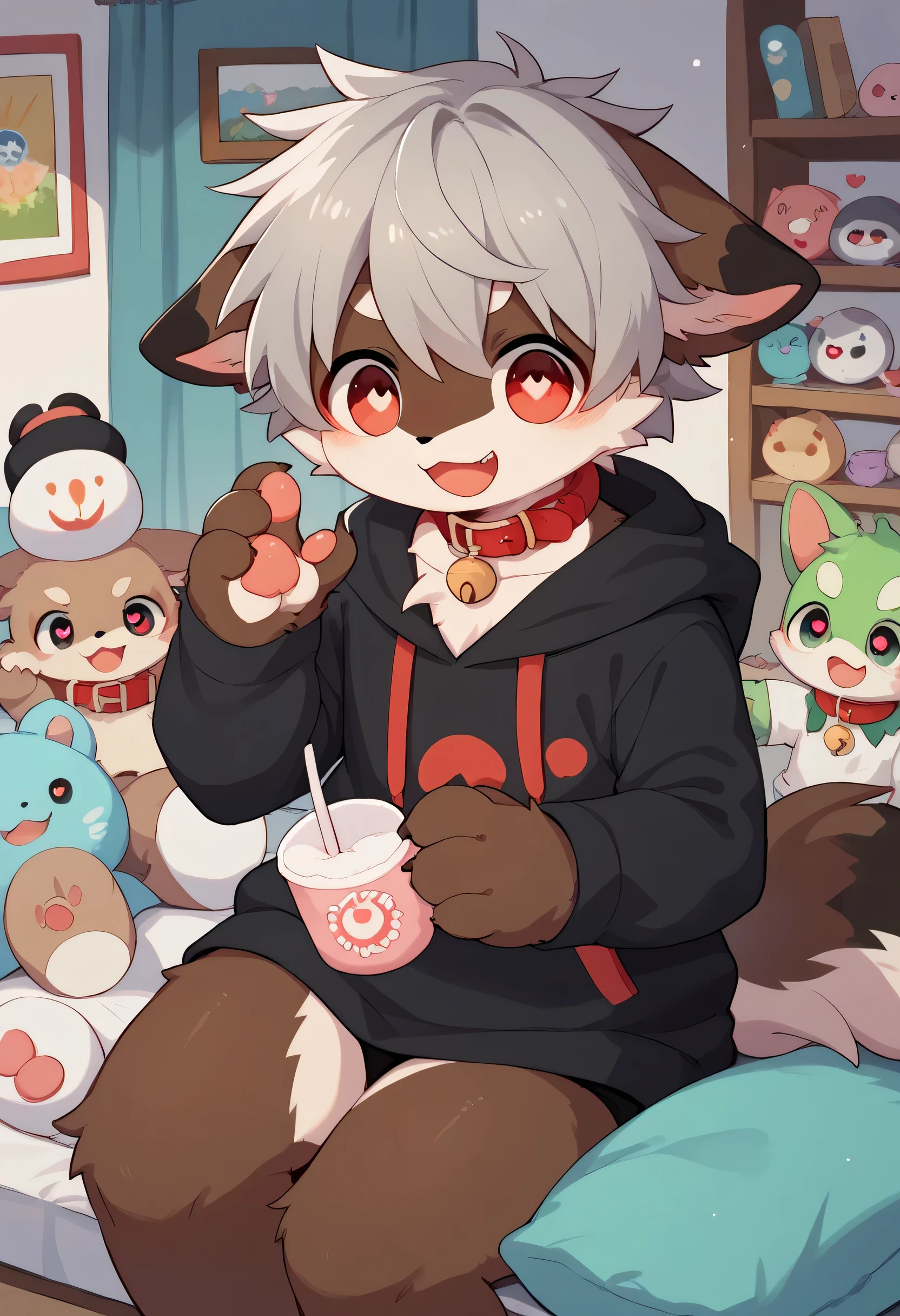   very detailedな,  very detailed,  brown fur gray hair  ,boy with dark brown fur ,骨を見て excited,Heart Eye,participate, green、white、And a multicolored hat ,  cute face, sitting!,Red collar,Black Ear ,  something like fluffy fur, excited,Horny boy,美しいroom,room ,smile,Dropped ears, hoodie, play with toys !  my mental age ,want,