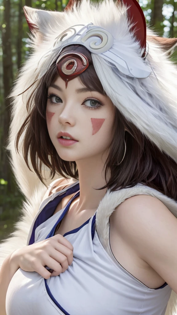 (NSFW),(realism, masterpiece, best quality, smalldetailed), 1girl, solo, glamour close-up shot from above of beautiful (princessmononoke) lying (next to a wolf) surrounded by leaves, fluffy, pixie cut, extremely short hair, busty, erect boobs, (white wolf), serious, details, (realistic, photography), blurry background, softfocus, face focus, dramatic light, atmosphere shoot, detailed face, detailed pupils, detailed iris of eyes, detailed plump lips, cute face, closeup portrait, bestseller,