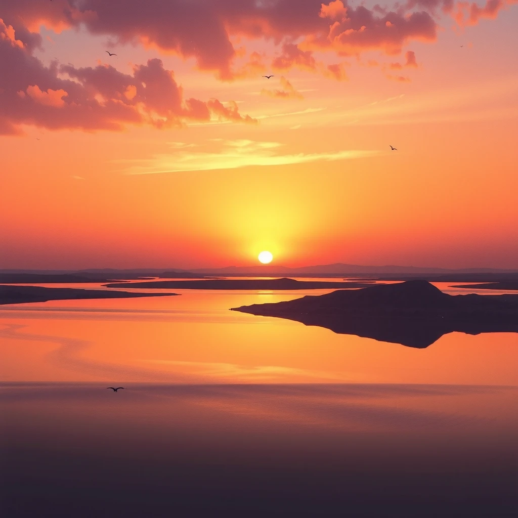 (best Quality), (Music Packaging realistic Style), (No Text),  caramel horizon, Depict a warm and nostalgic sunset scene with golden caramel hues stretching across the horizon, soft glowing light, and calm reflective water. Include a soothing Lo-fi aesthetic with subtle textures and fading tones. (background only), wide panorama