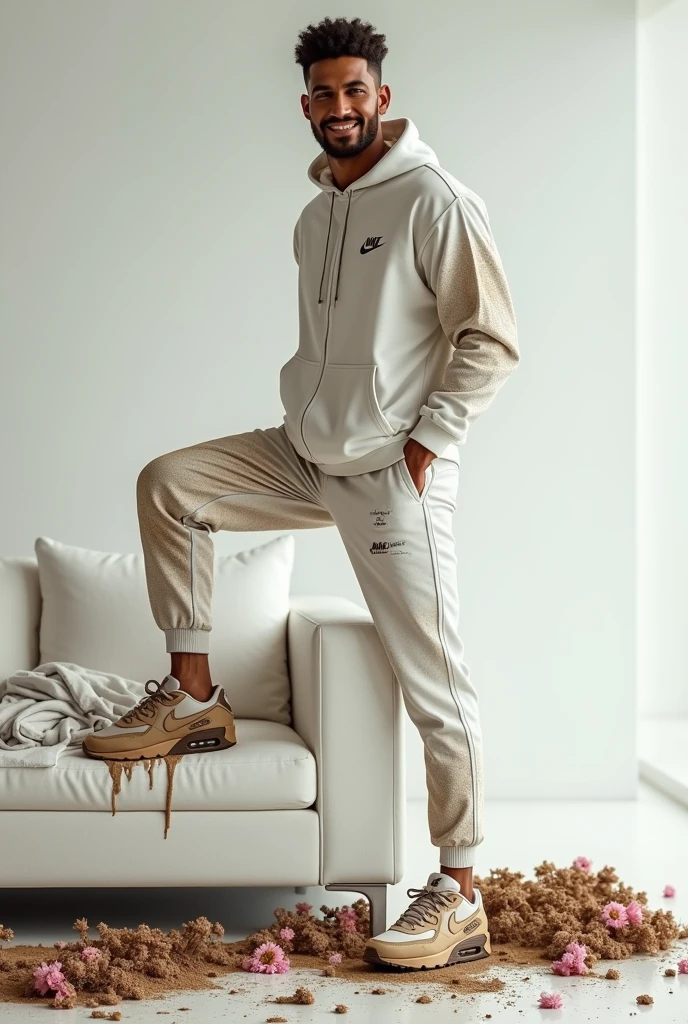 Realistic photo, full body view, a white man sitting on a sofa in a white adidas Chile tracksuit,coupe undercut chatain, Nike air max, chaussettes blanches,  with a white man standing next to him, en survêtement adidas Chile noir, very short hair, Nike air max sneakers, white socks, full body , desert gay bar, tard le soir, 