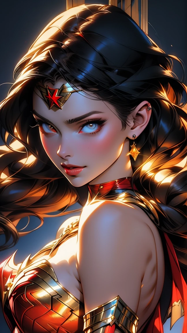 A Wonder Woman with long black hair and a golden tiara, 8K high quality detailed art, 4k highly detailed digital art, Detailed digital anime art, art by wlop, 8K stunning artwork, karol bak uhd, Beautiful character painting, Extremely detailed Artgerm, wlop rossdraws, Portrait Chevaliers du Zodiaque Fille, WLOP Art