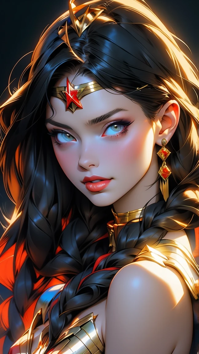 A Wonder Woman with long black hair and a golden tiara, 8K high quality detailed art, 4k highly detailed digital art, Detailed digital anime art, art by wlop, 8K stunning artwork, karol bak uhd, Beautiful character painting, Extremely detailed Artgerm, wlop rossdraws, Portrait Chevaliers du Zodiaque Fille, WLOP Art