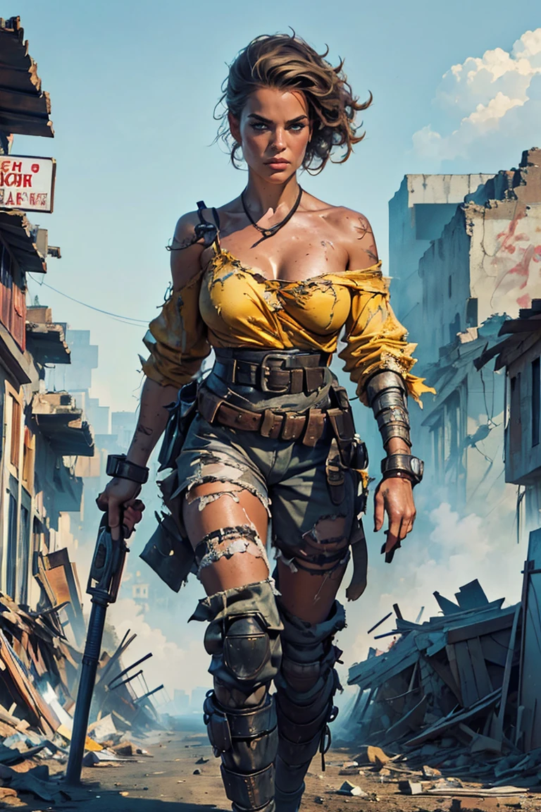 Masterpiece, Best Quality: 1.2) Masterpiece: Smooth textures, Proportional anatomy, Royal body parts, Beautiful details, Sharp details (Masterpiece, Best Quality: 1.2), Beautiful woman (Miss Universe level) (Pose movement, dynamic action) Beautiful woman in yellow tactical uniform, torn shirt, dirty and dusty big breasts, walking through the crumbling streets of a crumbling city, After a disaster, Smoke and fog in the air, Gray-yellow sky bursting with toxic clouds, Collapsing buildings, Collapsing streets, Tall body, Detailed face, Detailed eyes, Cold face, Dirty (Post-apocalyptic theme) In the style of a leading portraitist, Steampunk watercolor painting mixed with splashes of paint, Car mechanic, Sexy, Sexy, Attractive, Charming, Big breasts, Abandoned garage background