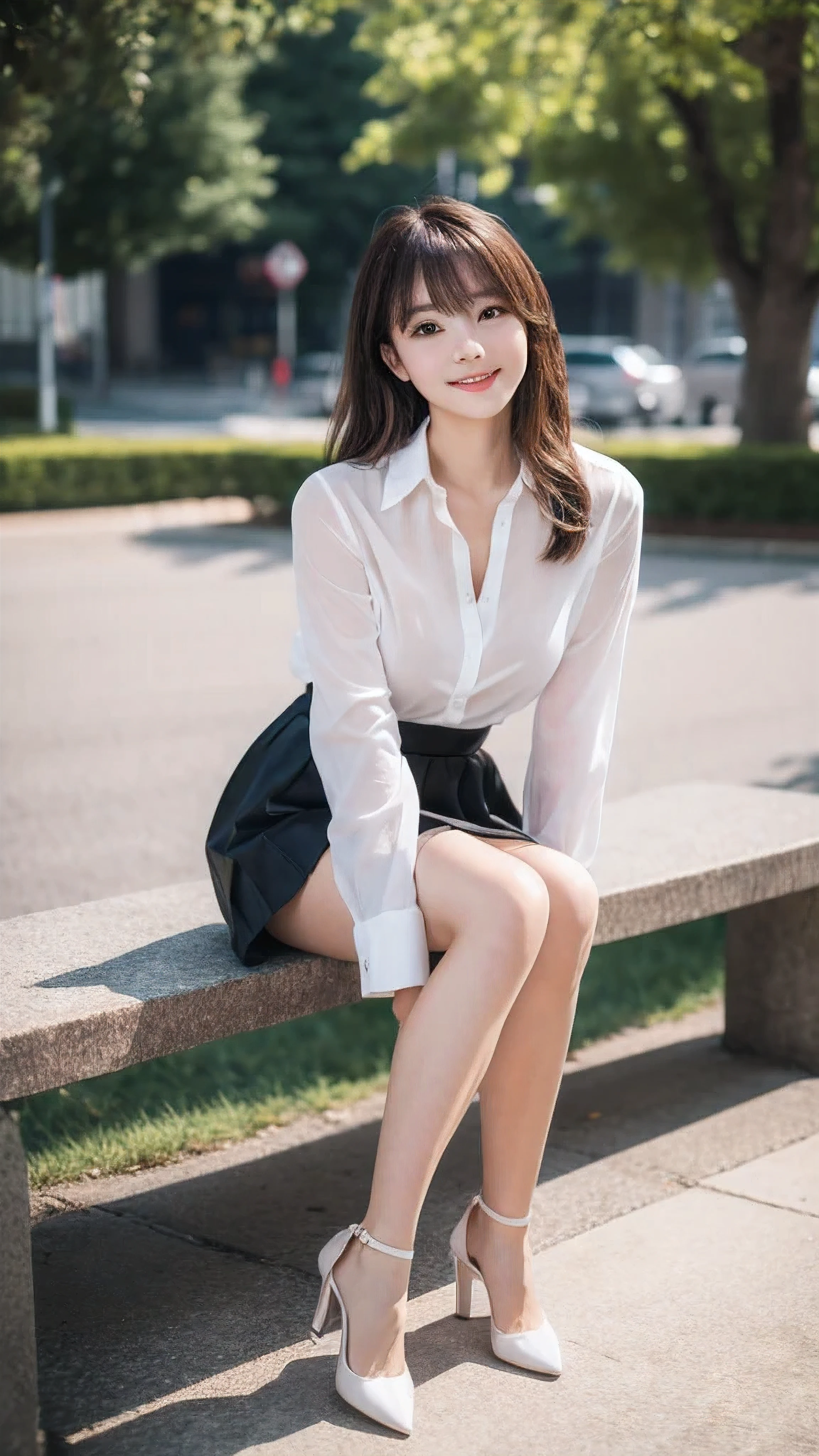 Full body, (8k, RAW Photos, Highest quality, masterpiece: 1.2), Very detailed, Super Resolution, Natural color lip, Natural eye makeup, Natural smile, 1girl, natural light blonde long messy hair, natural beautiful breasts, natural bangs, white unbuttoned shirt, black pleated skirt, random natural pose, heels, natural lighting, natural shading, natural sunlight, natural environment, natural windy blow, staring at camera, natural skintone