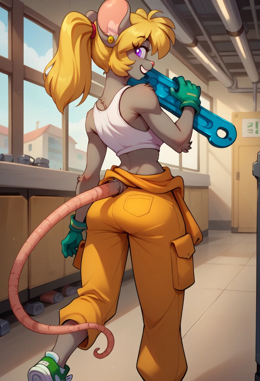 score_9, score_8_up, score_7_up, BREAK 1girl, solo, tootsie, purple eyes, animal ears, mouse girl, mouse tail, grey fur, blonde hair, long hair, ponytail, medium breasts, indoors, factory, warehouse,
looking at viewer, looking back, rear view, side view, smile, buck teeth, open mouth, holding wrench, big wrench, carrying over shoulder, one leg up, knee up,
white tank top, crop top, green gloves, orange pants, clothing around waist, earrings, green sneakers,