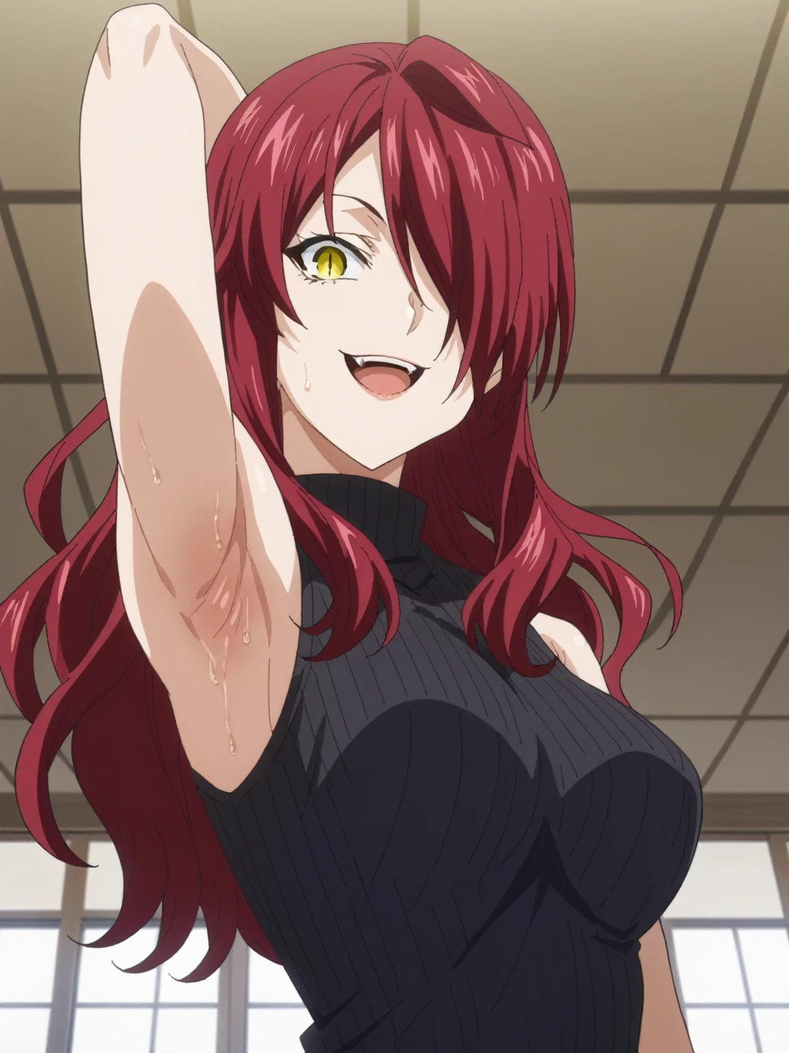 score_9, score_8_up, score_7_up, source_anime, anime screencap, 1girl, solo, kobayashi rindou, long hair, red hair, wavy hair, yellow eyes, hair over one eye, slit pupils, black sweater, sleeveless sweater, ribbed sweater, turtleneck, sleeveless, bare shoulders, arm behind head, armpit, looking at viewer, head towards viewer, smile, opened mouth,teeth fang, badhandv4, indoors, from side, (from below:1.1), sweaty armpits