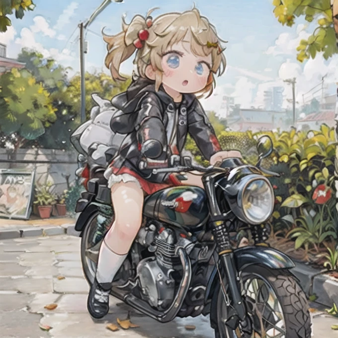 ( masterpiece， top quality:1.2), A young girl rides a small motorcycle, Alone,    fallen leaves，  Santa Claus costume  ，