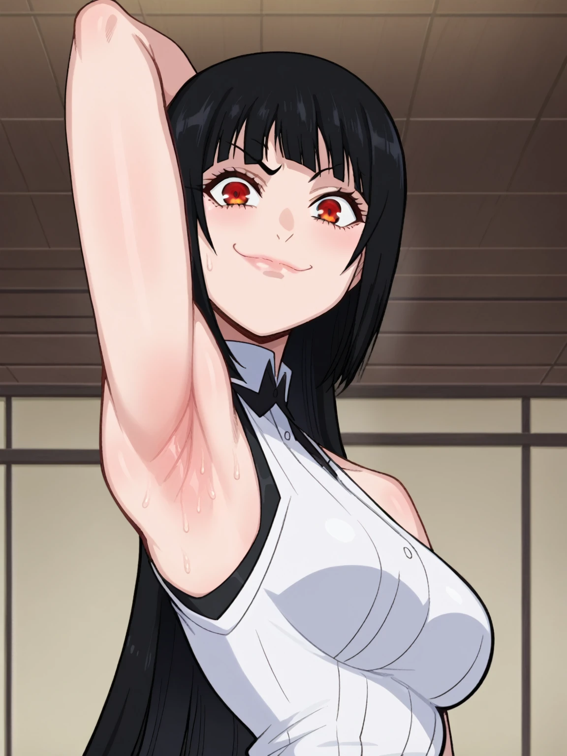 score_9, score_8_up, score_7_up, source_anime, anime screencap, 1girl, solo, jabami yumeko, long hair, red eyes, black hair, bangs, bare shoulders, bare arms, arm behind head, armpit, looking at viewer, head towards viewer, smile, badhandv4, indoors, closed mouth, white shirt, sleeveless,from side, from below, sweaty armpits