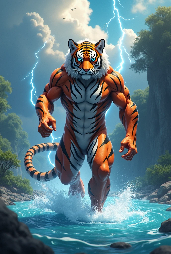 Large tiger in the style of Knollingcase, full-body were-tiger/man [buff, muscular, (gold and striped teal)], (((vibrant, photo-realistic, realistic, dramatic, sharp focus, 8k))). Atmosphere is the vibrancy of a nightclub. Ethereal and diabolical demeanor, his features bathed in lunar glow. Fierce posture, which adds a wild touch to his captivating gaze. Their presence evokes a sense of pride, drawing the viewer into a realm where darkness and beauty intertwine and music mesmerizes.
