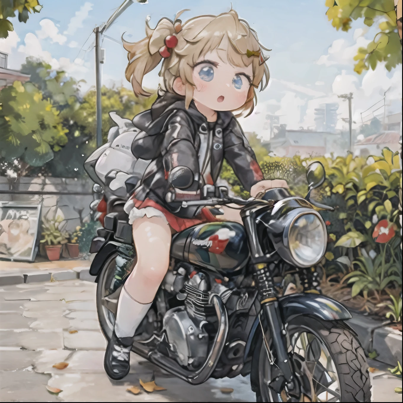 ( masterpiece， top quality:1.2), A young girl rides a small motorcycle, Alone,    fallen leaves，  Santa Claus costume  ，