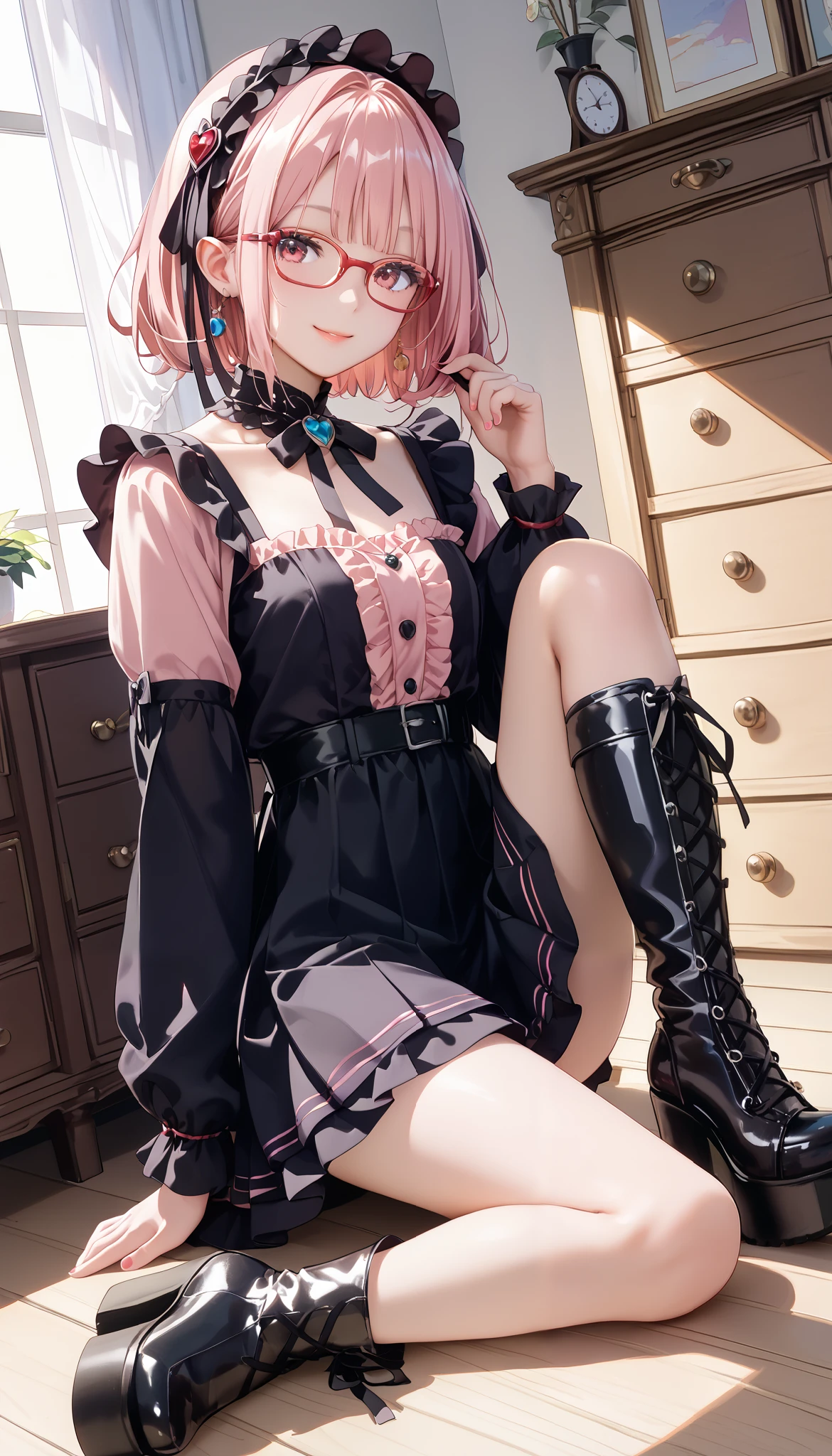 masterpiece、 top quality、 super detailed ((( :1.8、:1.5、 short、young))), one girl , Beautiful lighting、1 girl、(((Adorable )))、((( pink blouse with black gothic lolita fashion、 platform boots、Frills、race、embroidery、 big ribbon、Drawers)、 Gothic Lolita Dress 、long tiered skirt:1.2))、 ((( red glasses)))、A little blush、Young Face、Tiny Wren 、 girl and、cute、( shiny lips:1.1)、( beautiful eyes:1.1)、 close their mouth 、Beautiful Hair 、 short hair、 bob cut、 pink hair、 red glasses、 pink eye、Elf Ears、 、 flat chest、smile、masterpiece、 top quality、 high definition 、 cowboy shot、from side、 is staring at a white audience、curve、