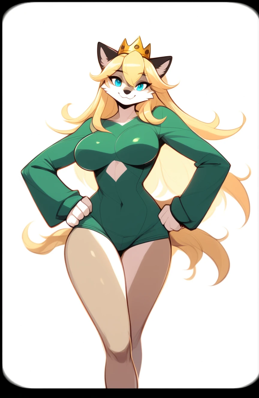 The character in the image is a lively, human, anthropomorphic figure with a youthful, joyful expression and large, expressive blue eyes. She is a human with tousled blonde hair and prominent, furry ears reminiscent of a fox or cat, enhancing their playful and adventurous demeanor. Dressed in a green outfit consisting of a rolled-up sleeve top and matching shorts, they accessorize with golden armbands and a headband, adding a touch of elegance to their energetic look. She is lying on the ground with her legs spread to show her very tight pussy