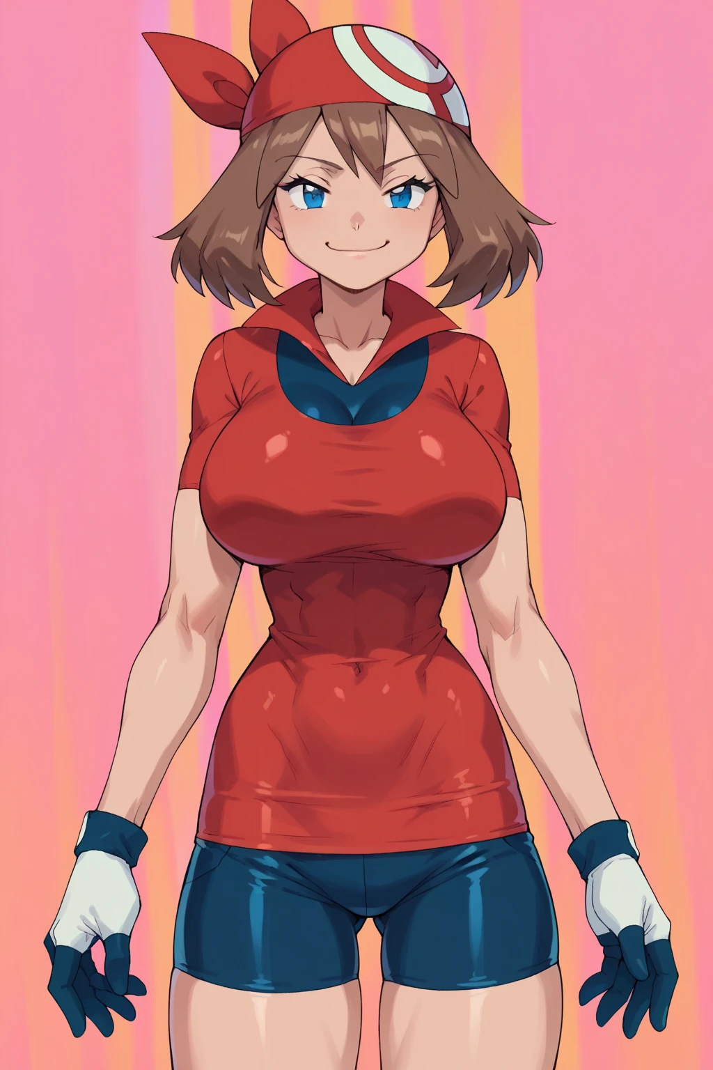 score_9, score_8_up, score_7_up, score_6_up, BREAK, pokemonmay, solo, blue eyes, brown hair, short hair, red bandana, red shirt, short sleeves, gloves, black shorts, torso, smug smile, gigantic bust, toned, strong, bimbo body, 