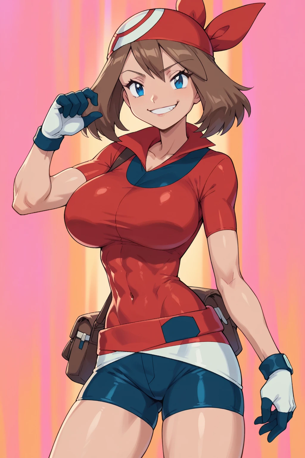 score_9, score_8_up, score_7_up, score_6_up, BREAK, pokemonmay, solo, blue eyes, brown hair, short hair, red bandana, red shirt, short sleeves, gloves, black shorts, torso, smug smile, gigantic bust, toned, strong, bimbo body, 