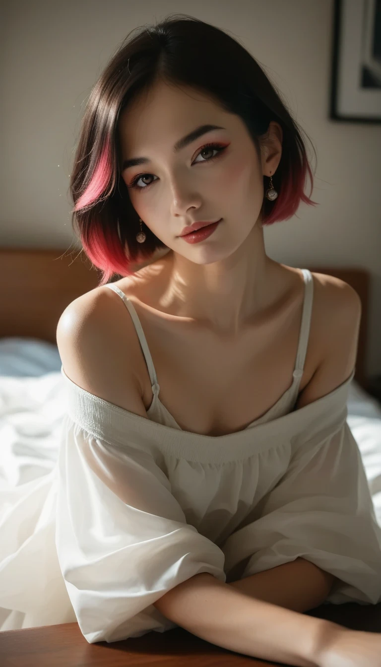 ( top quality ,  table top in bed:1.2,  super high res,  realistic :1.5),  RAW photo,  Japaneseの一人の女の子,  teenager、 Japanese、 very small breasts、 off shoulder,  in the dark ,  deep shadow , Low lighting,  cool tone ,   seductive gaze  ,  short hair, foggy atmosphere, Inexplicable Atmosphere ,  Subtle Highlights ,  Dramatic Contrast,   elegant poses , Intense emotions, celestial beauty, Fascinating Darkness,  attractive expression