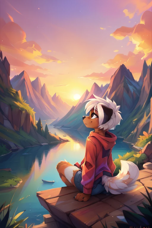 cinematic shadow, high-quality illustrations, dynamic lighting, lens flare, cinematic angle, highres, top quality, best quality,furry male, furry, solo, animal ears, 1boys, tail, blue hair, half, white fur, body fur, two-tone fur, short hair, blue fox ears,, fox boy, fox tail, blue fur, blue scarf, half body character with calm and beautiful lake surrounded by tall trees and mountains. The water could be a deep blue color, and there could be a few clouds in the sky. could be sitting by the lake, looking out at the water and enjoying the peaceful s