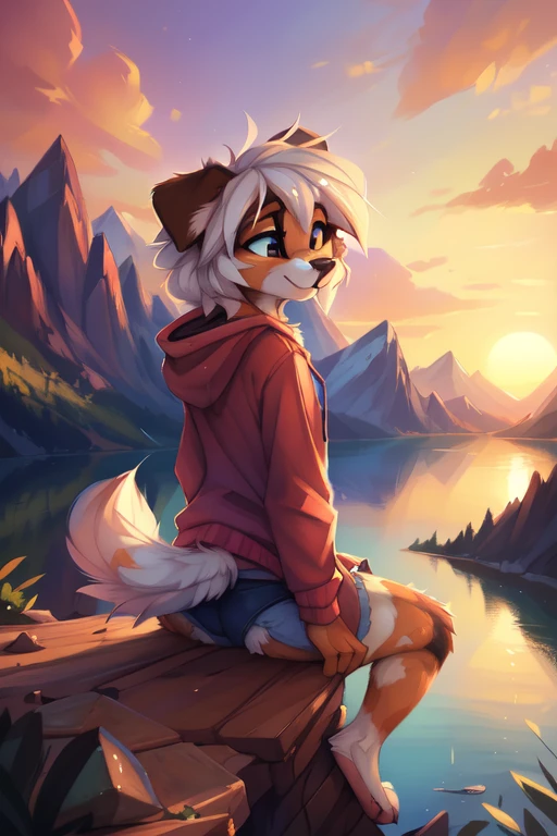 tmasterpiece,High-quality portraits,abstract res,digitial painting(Fluffy fur,),anthro male wolf, short detailed hair, eyes with brightness, shaggy, Furry boy, (Full Body Furry, Fluffy tail, White fur, blue color eyes, Gray hair,having fun,Wolf ears,Erect ears), (long canines、)autumnal,grassy fields,A few small flowers,clear lakes,a paradise,Large clouds,blue-sky,Refreshing weather,HD body details,Hyper-detailing,cinematic ligh,the soft light,Ray traching(Small white shorts,White calf socks,White casual shoes,gray sweaters,Super cute face,)Ultra HD facial detail,downy,No NSFW