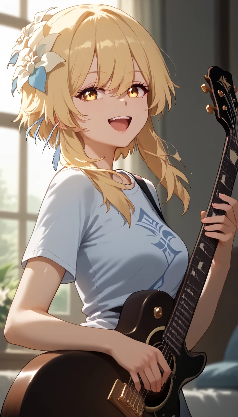 score_9,score_8_up,score_7_up, shiny skin, solo, 1girl, lumine, genshin impact lumine, bangs, blonde hair, hair ornament, blunt bangs, hair between eyes, yellow eyes, flower, hair flower, feather hair ornament, cowboy shot, sing, singing, open mouth, guitar, playing a guitar, side view, casual outfit, t shirt, long pans, cowboy shot, sweet smile