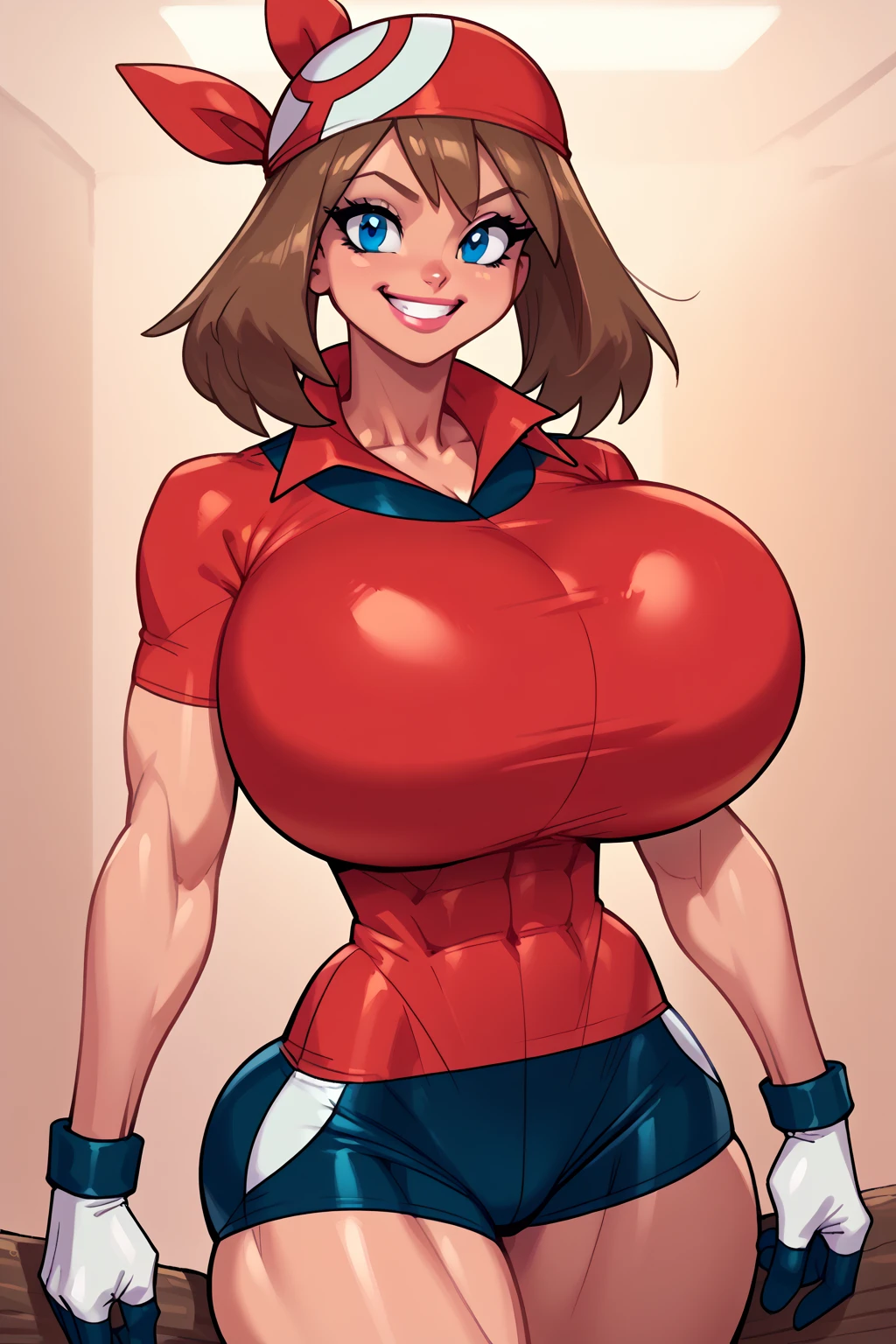 score_9, score_8_up, score_7_up, score_6_up, BREAK, MayPXL, solo, blue eyes, brown hair, short hair, red bandana, red shirt, short sleeves, gloves, black shorts, torso, smug smile, gigantic bust, toned, strong, bimbo body, 