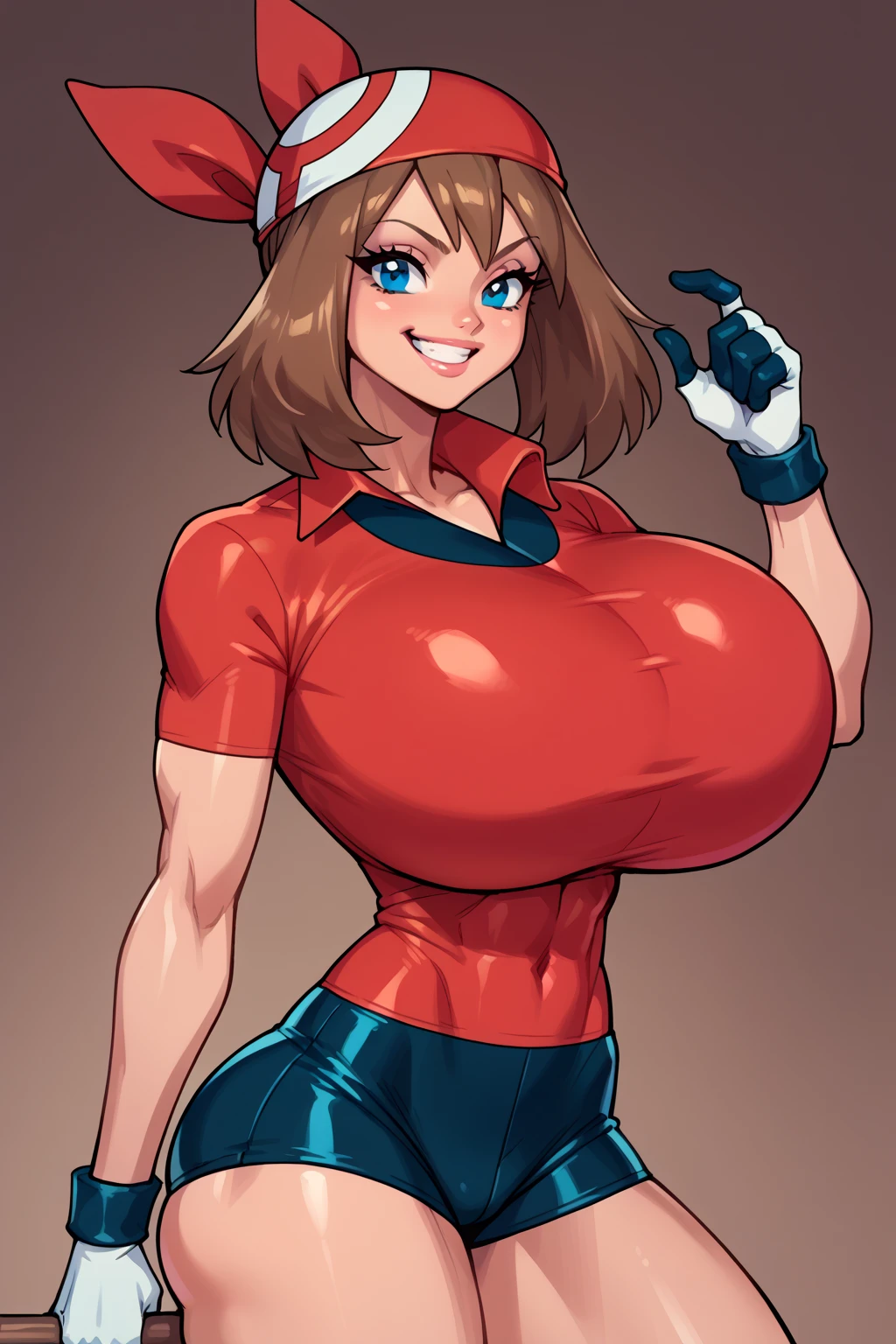 score_9, score_8_up, score_7_up, score_6_up, BREAK, MayPXL, solo, blue eyes, brown hair, short hair, red bandana, red shirt, short sleeves, gloves, black shorts, torso, smug smile, gigantic bust, toned, strong, bimbo body, 