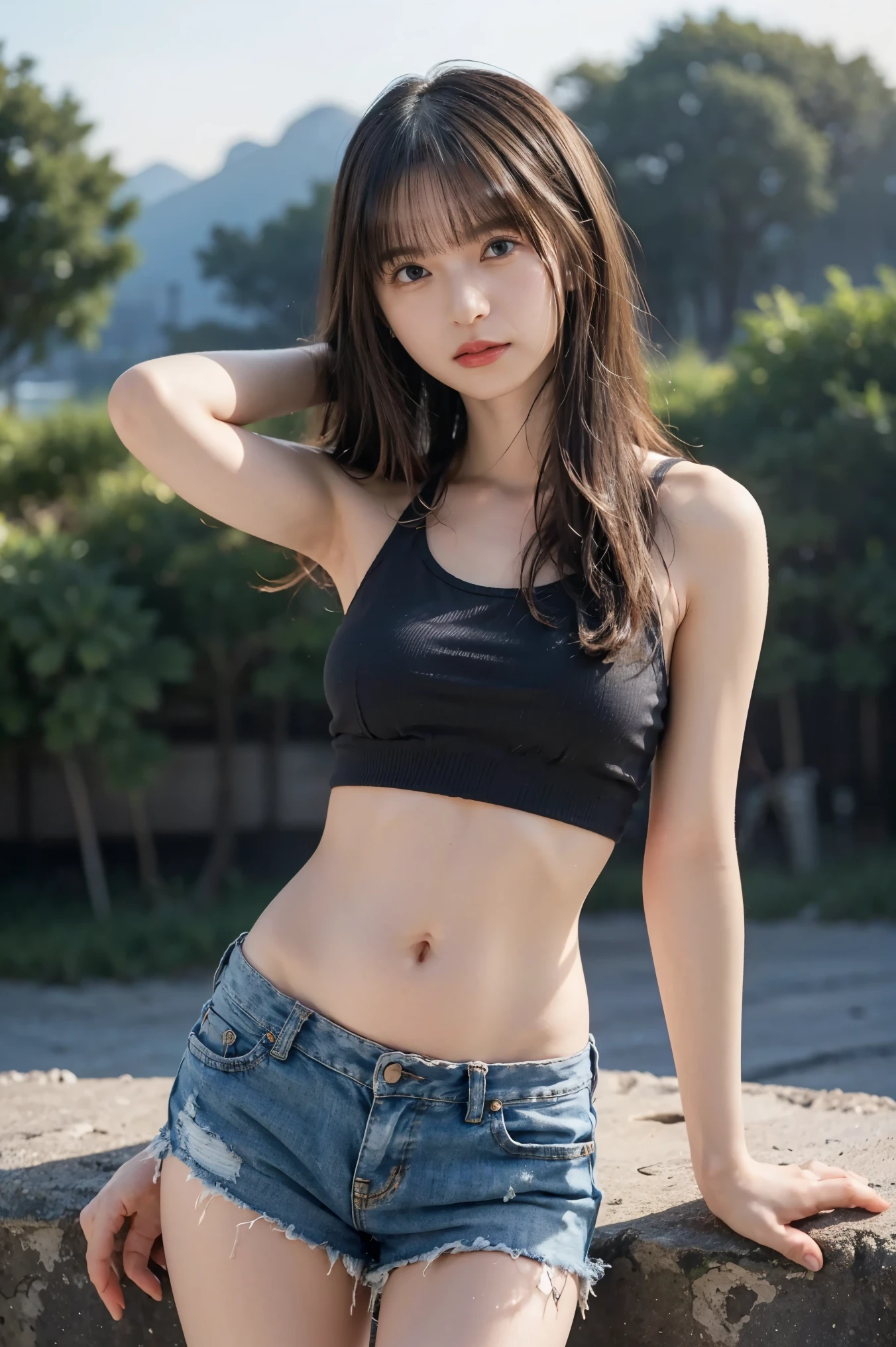 (( 1 girl)), woman, masterpiece, top quality , top quality , cinematic lighting, (Volumetric Lighting), very detailed CG unity 8k wallpaper, Concentrated, 8k wallpaper, very detailed, super real , Photorealistic , sharp concentration , absurd, ( high definition :1.2), ( high contrast), dynamic, moving photos, Detailed and complex, instagram, yag, high definition, Digital Painting, Art Station , concept art, smooth, sharp concentration , illustrations, cinematic lighting, ( Big Breasts :1.3), ((( skinny, Thin legs))), ( Japanese Idol Poses), ( sexy tank top, I can see my belly button , sexy denim short miniskirt, Open Shoulder , open chest , clevis on a stone), Watch viewers, (( medium body shot, Hip Level Shot )), long hair, (( sunset beach)), beautiful eyes