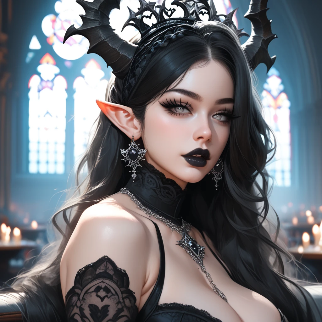 A photorealistic full-body portrait of a seductive and beautiful brunette seductress with devilish features. The seductress has curly hair and captivating blood-colored eyes. She is depicted in a dark fantasy setting, specifically in the depths of hell. The sky above is dark and gloomy, setting a haunting atmosphere. The seductress is adorned in an exotic black and red villain dress, with intricate details and a choker-style collar. The focus of the image should be on capturing the seductress's alluring pose and detailed face. Her expression should exude both allure and danger, reflecting her devilish nature. The lighting should be moody, with shadows adding depth and mystery to the scene. The resolution of the image should be high, allowing for fine details to be showcased."