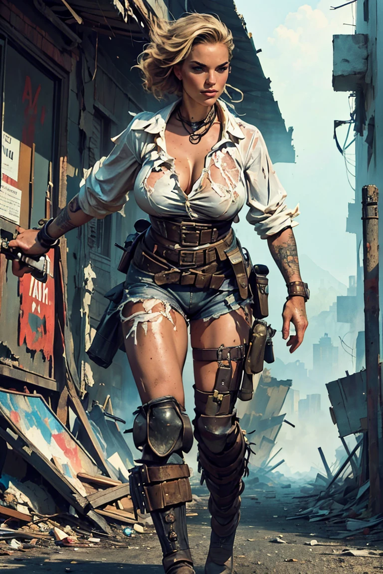 Masterpiece, Best Quality: 1.2) Masterpiece: Smooth textures, Proportional anatomy, Royal body parts, Beautiful details, Sharp details (Masterpiece, Best Quality: 1.2), Beautiful woman (Miss Universe level) (Pose movement, dynamic action) Beautiful woman in yellow tactical uniform, torn shirt, dirty and dusty big breasts, walking through the crumbling streets of a crumbling city, After a disaster, Smoke and fog in the air, Gray-yellow sky bursting with toxic clouds, Collapsing buildings, Collapsing streets, Tall body, Detailed face, Detailed eyes, Cold face, Dirty (Post-apocalyptic theme) In the style of a leading portraitist, Steampunk watercolor painting mixed with splashes of paint, Car mechanic, Sexy, Sexy, Attractive, Charming, Big breasts, Abandoned garage background