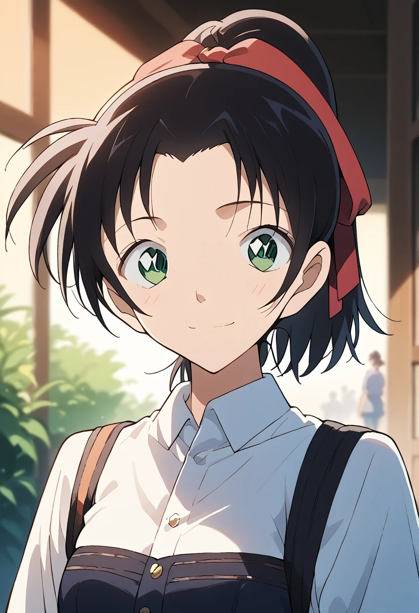 masterpiece, high definition , top quality ,8k
(tooyama kazuha,hair ribbon,ponytail,black hair,green eyes)smile