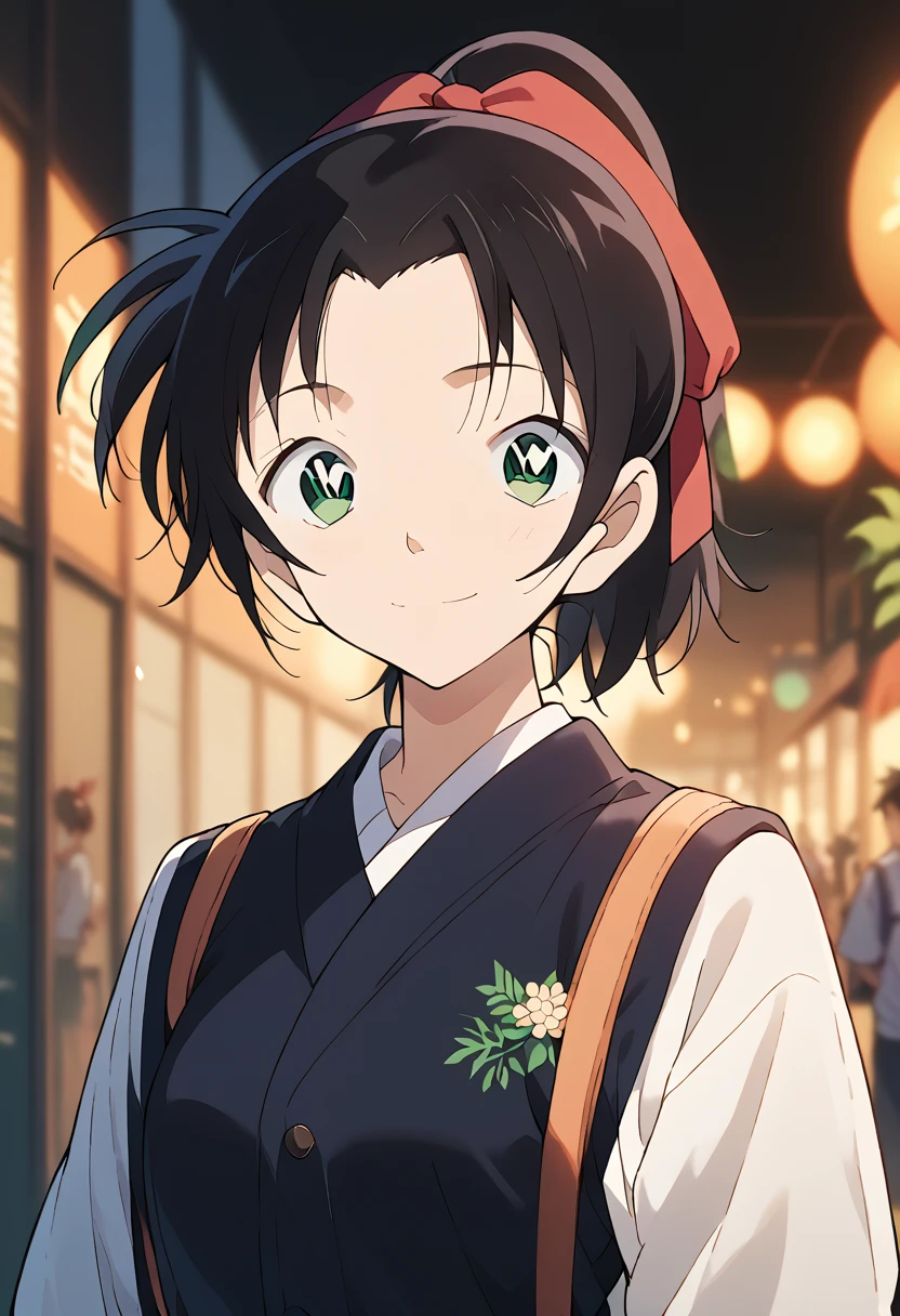 masterpiece, high definition , top quality ,8k
(tooyama kazuha,hair ribbon,ponytail,black hair,green eyes)smile