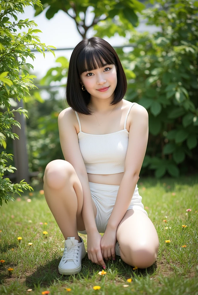 a lot of details, (underweight), 30 years old, detailed black hair, beautiful detailed hair, super fucking beautiful, delicate beautiful face, complex details beautiful and delicate eyes, perfect hands, (flat chest best quality:1.5), perfect and delicate limbs, detailed skin, best quality, ultra-detailed,(cheerful grin:1.3), nsfw,whole body, ground-level shot, low angle shot, squatting, short hair with long locks, bra, overexposure, beautifuly color Clothes, falling petals,