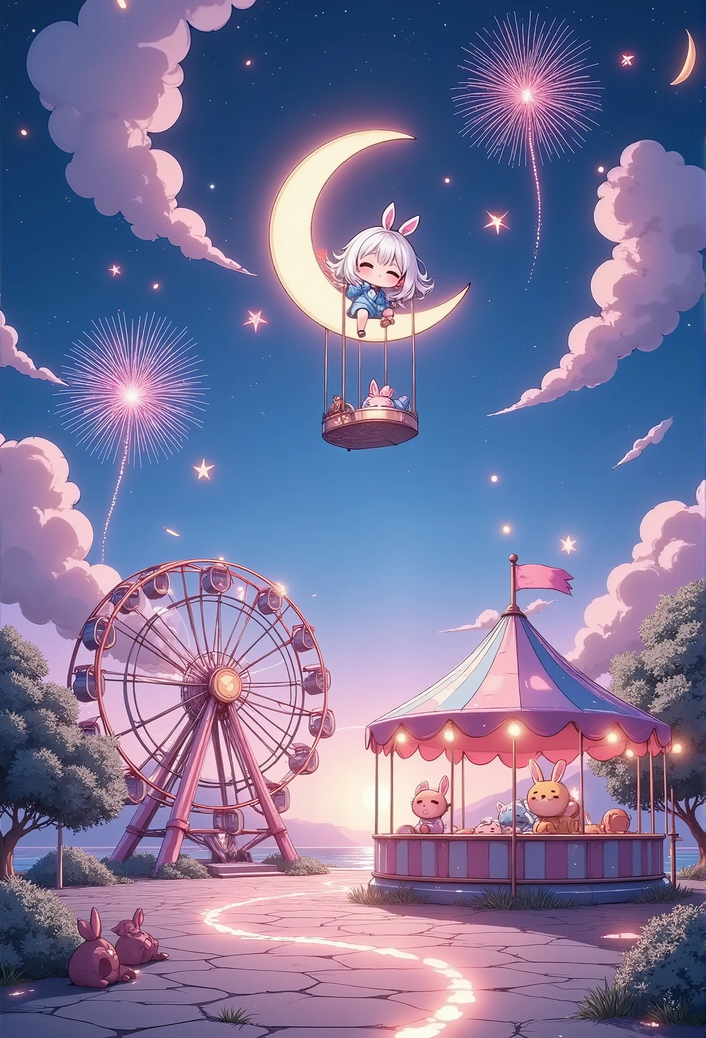 masterpiece, best quality, 8k, highres, ultra-detailed, HDR, UHD, ultra-fine painting, chalk art style, whimsical night carnival, trk,floating ferris wheel in the starry sky, glowing neon chalk outlines, colorful fireworks bursting in the background, soft pastel textures, dreamy and magical atmosphere, crescent moon with swings hanging from it, tiny chibi girl riding the swings, vibrant carousel with chalk-drawn animals, swirling clouds blending with the starry sky, glowing pathways made of chalk trails, playful and surreal composition, intricate chalk details, chalkdust