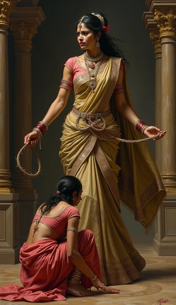 A photo of a young Indian woman with fair white skin wearing a saree. She is standing barefoot. A girl is kneeling in front of the woman on her hands and knees, like a pet. The girl has a collar around her neck. The woman is holding the leash of the girl's collar. The woman's one leg is uplifted in the air. The woman is posing to the camera as if she is going to kick the girl on her face.