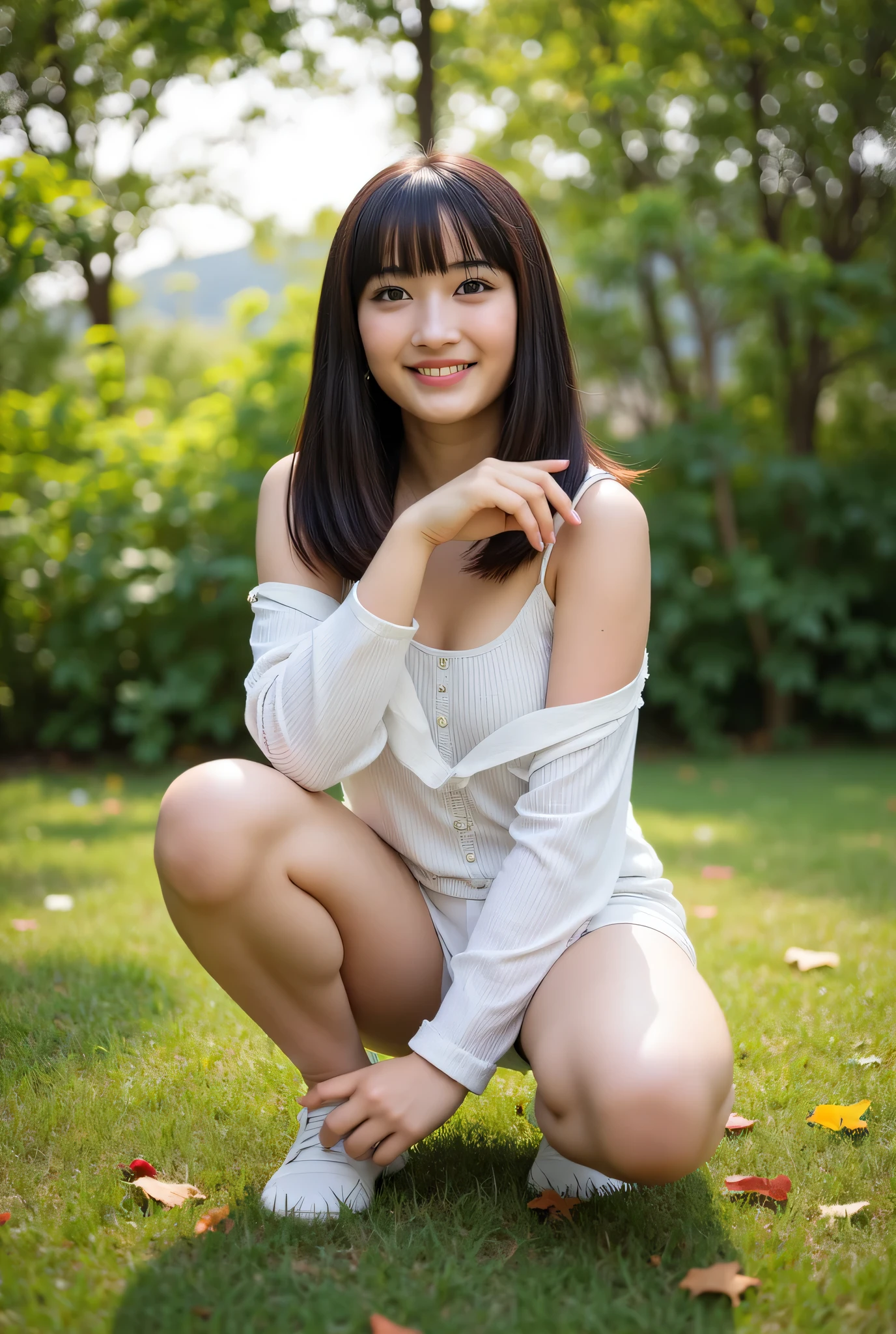 {{{{ cinematic lighting}},,(  top quality :1.4),(masterpiece:1.4),( realistic :1.4),( realistic :1.2),(超  high definition  ,  RAW photo:1.4),(  high definition  ,  super detailed :1.2),(masterpiece),{{{ straight black hair }}},{{bangs}}},{hime cut},{{{ short hair:1.6}}}}, { top quality },, break, {{{ 1 girl:１８age：smile},{{ large double eyelids}}::{{ teardrop bags:1.3}}：{{ false eyelashes:1.8}}：{{ mascara:1.6}},, { full body, naked, },{{ wearing a white ribbed camisole}},,{{ Medium brown chest }},{a bit,Chubby:1.6}}:｛ squats、Knees down :1.8]｝, {{{( White background : 1.3)}}}