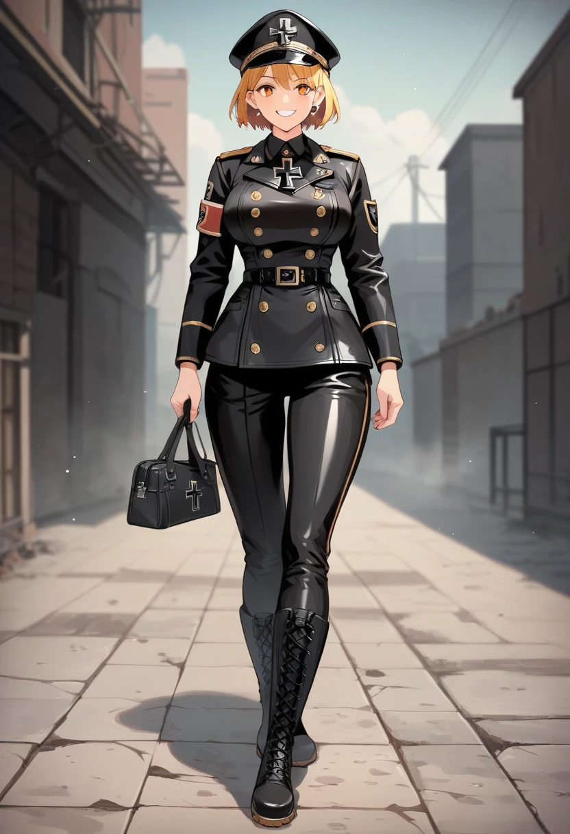 demon girl, pale skin, pulled-up black hair, red eyes, face-framing strands, wide hips, huge thighs, slim waist, dark gray military shirt with rolled-up sleeves, military hat, black dress pants, body-defining clothing , saber sheathed on hip, gold accents on clothes, abandoned military base as background, masterpiece, HD, vibrant environment, clean and lively
