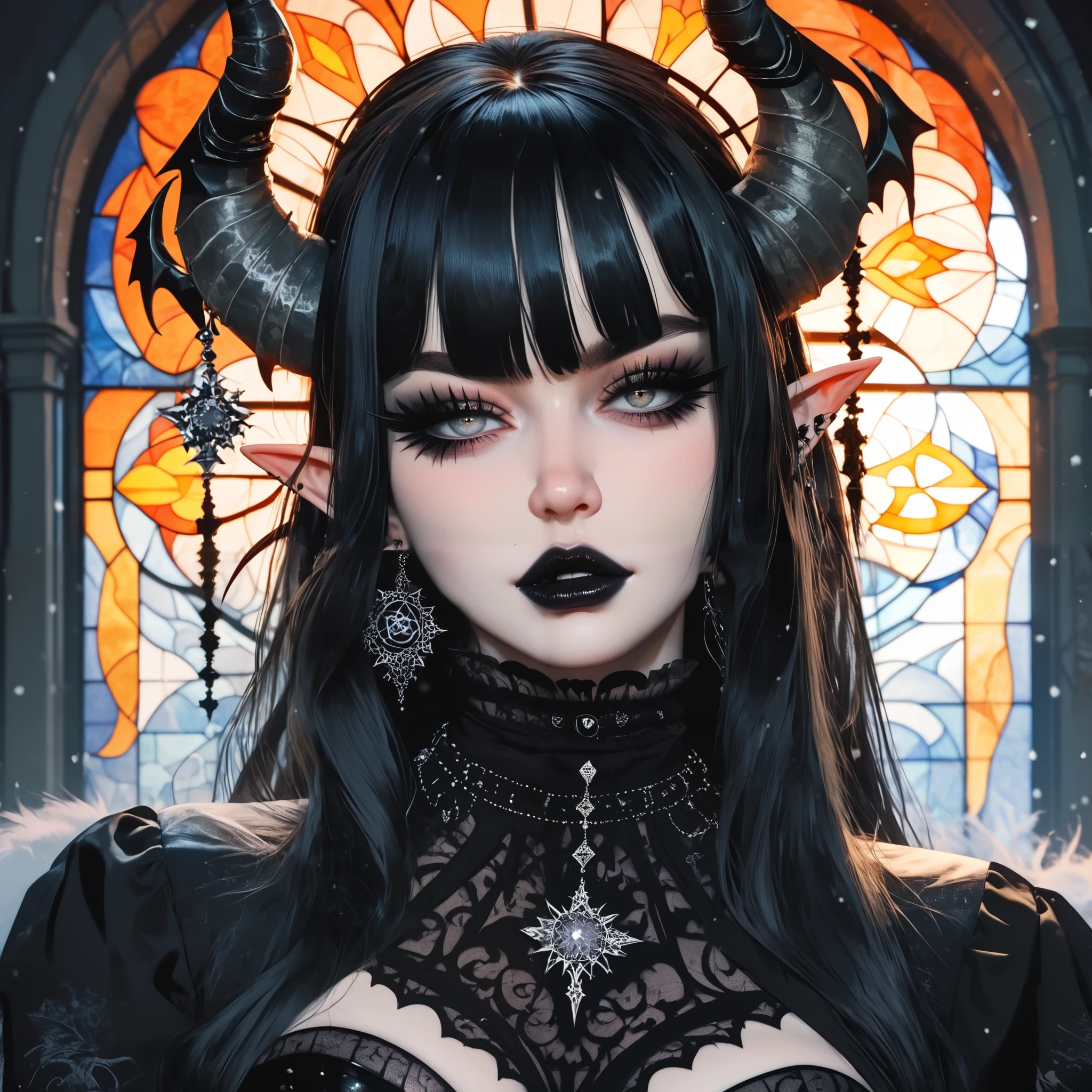 ((Masterpiece)), ((highres)), a beautifully detailed woman with demon horns, pale skin almost grey, defined eyes, ((grey iris)), dark eye shadow, long eyelashes, elf ears, defined lips, black lipstick, ((long black hair)), hourglass body, big butt, big breast, snow around her, stained glass background, black clothes, (((gothic theme)))