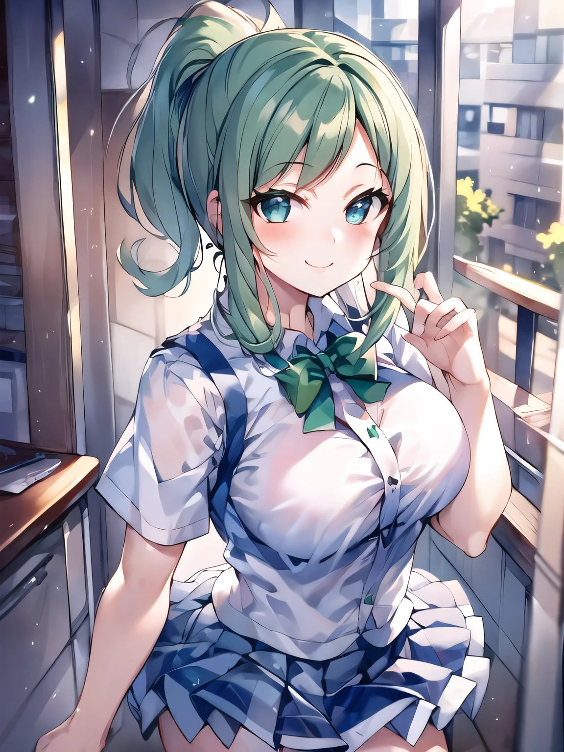 Top Quality Masterpiece, High Resolution, Lucia, Emerald Eyes, Emerald Hair, Ponytail, Beautiful Girl, White Shirt, Collared Shirt, Pleated Skirt, Miniskirt, Blushing Love, Melody, Delle, Medium Hair, High School Student, Short Sleeves, Smile, Big Eyes, Beautiful Breasts 